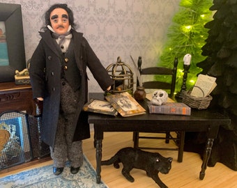 Handmade Edgar Allan Poe Dollhouse Doll, Desk, & Accesories, 1:12 Scale