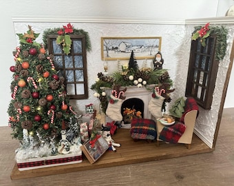 Dollhouse Diorama, Christmas, Artisan Crafted, 1:12 Scale, Bookshelf Room Box, Lighted, Musical