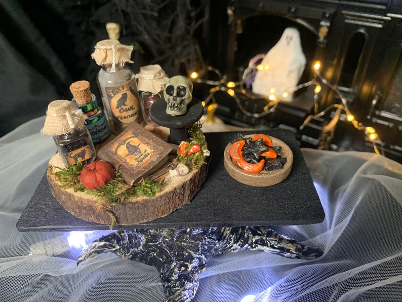 Handmade Dollhouse Witch Apothecary Table, 1:12, Halloween, Haunted Dollhouse image 1