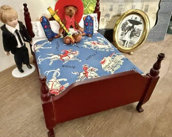 Artisan Dressed & Curated Vintage Dollhouse Bed, Cowboy Western Theme, 1:12 Scale