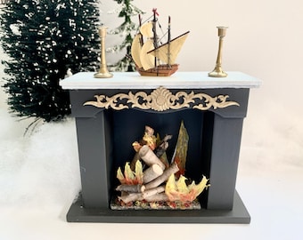 Handmade Dollhouse Fireplace, Miniature Artist, 1:12 Scale, Vintage Ship, Candle Holders