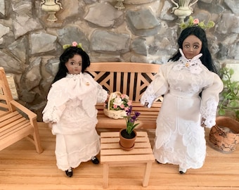 Handmade Dollhouse Dolls, Mother Daughter Set, 1:12, Dark Skin Tone, Porcelain, Georgian Clothing