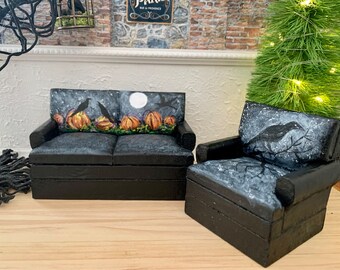 Handpainted Halloween Dollhouse Sofa and Chair Set, 1:12 Scale