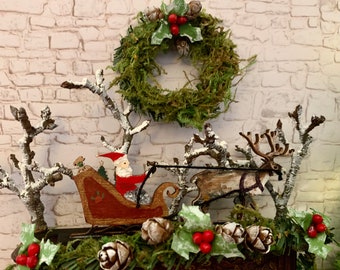 Miniature Handmade Santa Sleigh and Reindeer, Dollhouse Mantle, Shelf Sitter, 1:12, Artist Painted and Signed