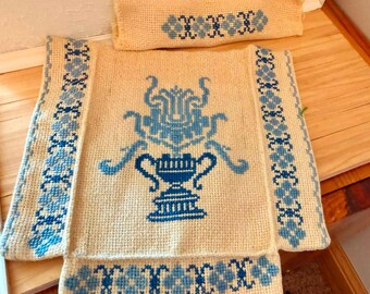 Dollhouse Petit Point Bedspread and Pillow, Double Bed, Handmade , 1:12, Blue and Cream