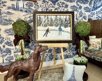 Dollhouse Painting, Ice Skaters, Winter Scene, Original, by A. Eyster, 1:12 Scale