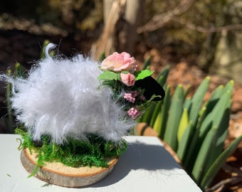 Miniature Wooly Lamb, Spring Dollhouse, Arorned with Pink Flowers, Artisan Crafted