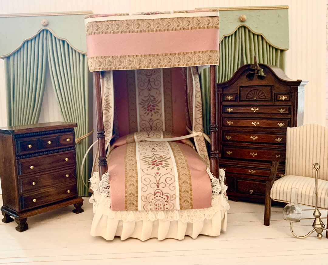 Vintage Dollhouse Bedroom Set, Lot, Artisan Canopy Bed, Artisan Dresser