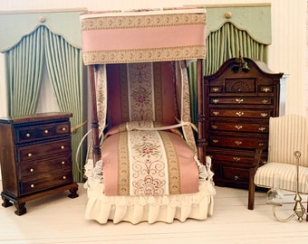 Vintage Dollhouse Bedroom Set, Lot, Artisan Canopy Bed, Artisan Dresser, Side Chest, Curtains, Chair, Light Fixture, 1:12 Scale