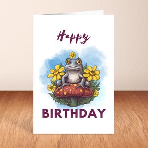Carte de joyeux anniversaire grenouille, carte de voeux, grenouille, champignon.