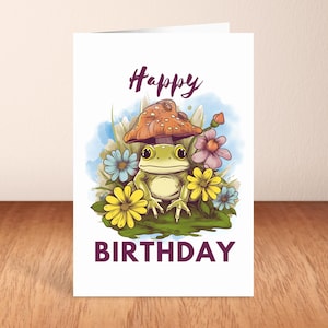 Carte de joyeux anniversaire grenouille, carte de voeux, grenouille, champignon.