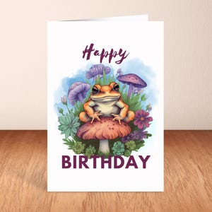 Carte de joyeux anniversaire grenouille, carte de voeux, grenouille, champignon.
