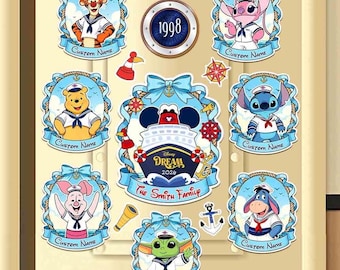 Magnete da frigo personalizzato per porta di una crociera Disney, magnete personalizzato con Sailor Stitch e Winnie the Pooh, magnete fustellato per cabina, regalo per le vacanze in famiglia del 2026
