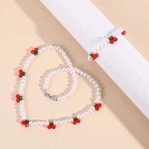 Cherry Pearl Necklace And Bracelet Set | Beaded Fruit Jewelry | Y2K Style | Cute Gift for Girls & Women