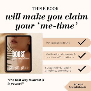 Op de afbeelding: Een digitale ebook-omslag met een roze achtergrond en een tablet waarop de titel "BOOST your confidence Glow Glam Genie" wordt weergegeven, met een vinkje naast de tekst "70+ pagina's formaat A4", "Motiverende citaten & positieve affirmaties" en "Duurzaam, lees het wanneer en waar je maar wilt". De tekst "THIS E-BOOK will make you claim your 'me-time'" staat bovenaan de afbeelding. De tekst "The best way to invest is in yourself" staat onderaan de afbeelding. De tekst "BONUS 5 worksheets" staat rechtsonder in de afbeelding.
