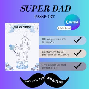 Op de afbeelding: Een digitaal ontwerp voor een "Super Dad Passport" met een blauw-paarse gradiënt achtergrond. Het ontwerp bevat tekst, illustraties van een vader en kind, en de woorden "Vaderdag Special".