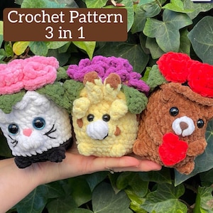 May include: A crochet pattern for three plush toy designs: a white bunny with pink accents, a yellow bunny, and a brown bear. Each toy has a flower or bow on its head. The text "Crochet Pattern 3 in 1" is displayed.