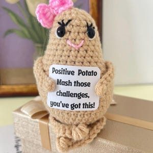 Può includere: Una figura di patata all'uncinetto con un fiocco rosa, occhi neri e una bocca sorridente. Tiene in mano un cartello con la scritta "Positive Potato, Mash those challenges, you've got this!" La figura è beige e poggia su una scatola dorata.