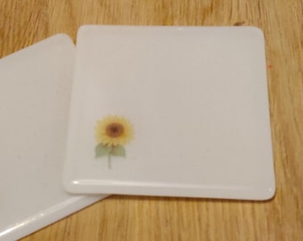 Sunflower Coaster - Single Whote Glass Coaster, Tiny Sunflower Emblem in Corner. Yellow Brown Seeds Stem Plant Flower Spring Gift for Mum