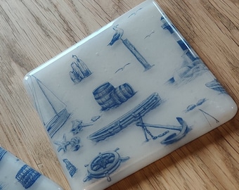 Blue and White Seascape Pattern Printed Glass Coaster