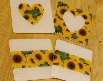 Bold Pattern Sunflower Coaster. White Glass, Stripe, Heart, Cutout, Matching, Great Spring Gift for Mom, Mother's Day, Yellow Green Orange