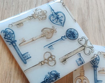 Antique Keys Pattern Printed Glass Coaster