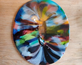 Large Decorative Oval Panel, Melted Scrap Glass, Pot Melt, Recycled Random Unique Black White Orange Green, Streaky Recycled Organic Form