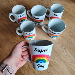 Super Gay Mug. Gal Pals Confirmed Bachelor Euphemism Retro Rainbow Queer LGBTQ Latte White Cute Cool Homo Pride Proud Funky Bright Colourful