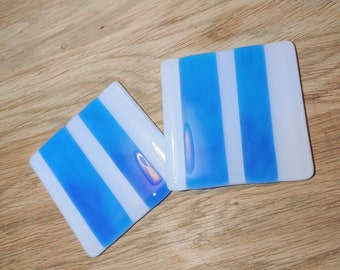 Glass Coaster with White and Streaky Light and Dark Blue Stripes. Two Available, Ideal Gift Stocking Filler. Square Handmade in Notts