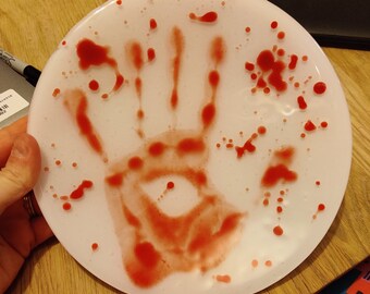 Blood Spatter Effect Handmade Glass Bowl with Hand Print Murder Mystery True Crime Gore Splash Slash Stab Bleeding Goth Macabre Spooky Death