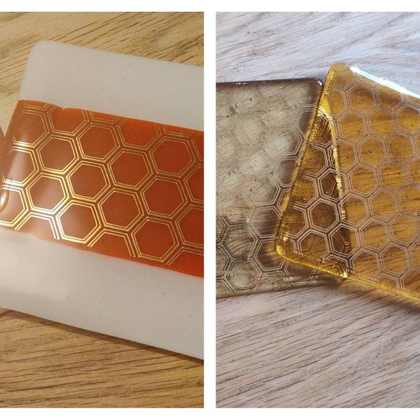 Golden Honeycomb Pattern Fused Glass Coaster Art Deco Geometric Hexagon Bee Hive Handmade Nottingham Lustre Shine Reflection Dazzle Glamour