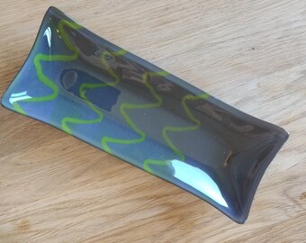 Rectangular Grey Sushi Dish with Lime Green Squiggles. Modern Abstract Contrast Bright Minimalist Colours Wiggly Thin Lines Asymetrical