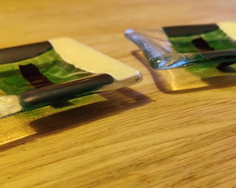 Pair of Green, Metallic Blue, Cream, Clear and Black Candle Dishes - Abstract Catseye Pattern, Shiny, Mysterious, Otherworldly, Aura, Pretty