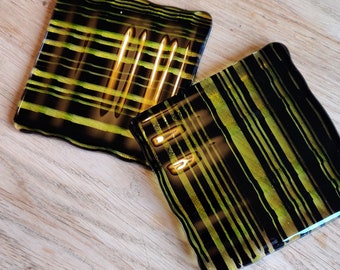 Green and Black Thin Stripes Coaster. Mismatched Set Witchy Gift Wavy Wobble Textured 3D Transparent Solid Lines Organic Ideal Housewarming