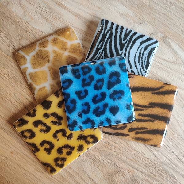 Wild Animal Hide Pattern Coaster - Giraffe, Leopard, Tiger, Zebra, Stripes, Spots, Blue, Yellow, Black, White, Fur, Skin, Safari, Africa