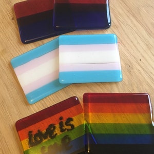 Gay Pride Rainbow Flag Handmade Glass Coaster. LGBTQ, lesbian, homosexual, NHS, queer, bright colours, drag, bisexual, stripes, riot, parade image 5