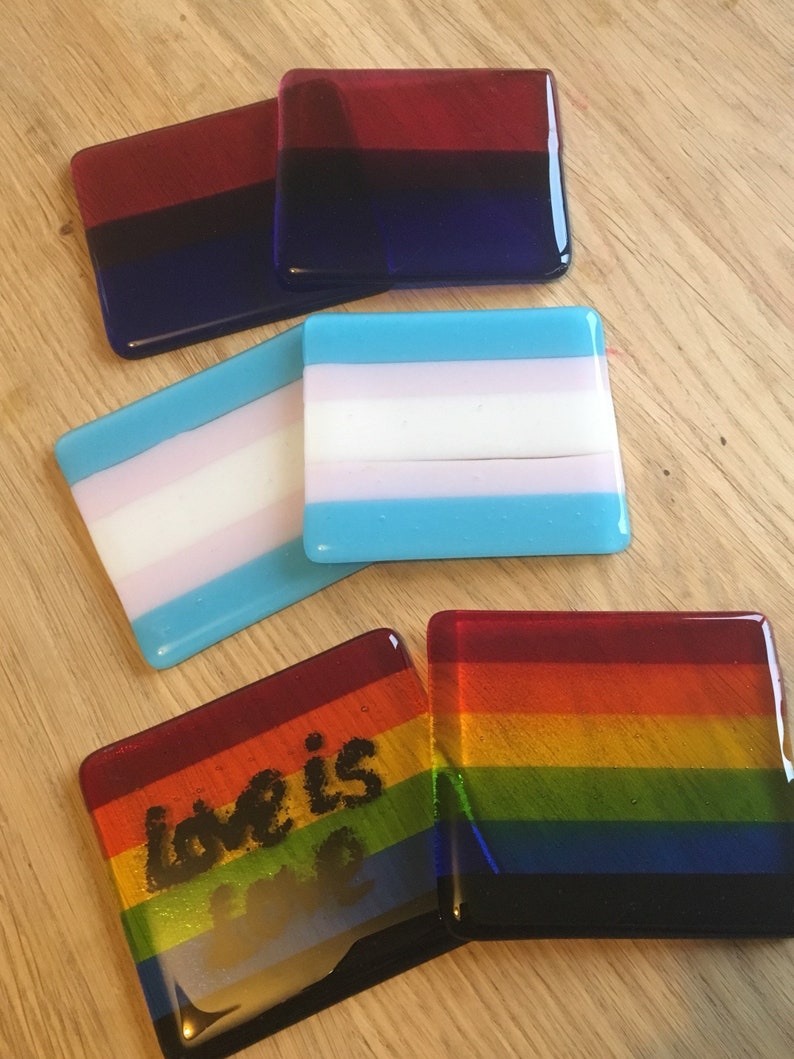 Gay Pride Rainbow Flag Handmade Glass Coaster. LGBTQ, lesbian, homosexual, NHS, queer, bright colours, drag, bisexual, stripes, riot, parade image 5