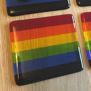 Gay Pride Rainbow Flag Handmade Glass Coaster. LGBTQ, lesbian, homosexual, NHS, queer, bright colours, drag, bisexual, stripes, riot, parade
