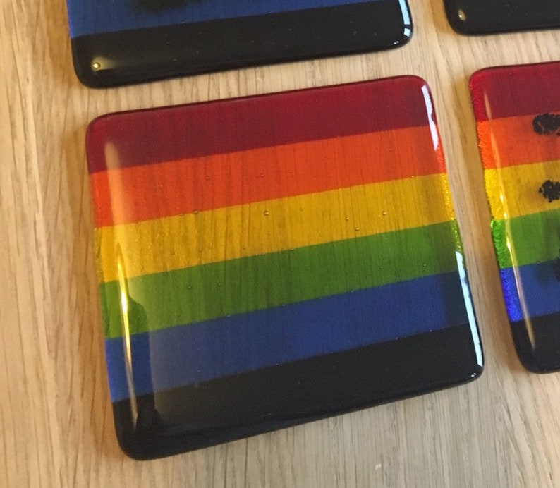 Gay Pride Rainbow Flag Handmade Glass Coaster. LGBTQ, lesbian, homosexual, NHS, queer, bright colours, drag, bisexual, stripes, riot, parade image 1