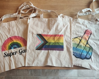 Tote Bag - Super Gay. Progress Flag. Middle Finger. Rainbow. Gay. Flag. Colourful. Queer. LGBTQ. Trans Rights Now. Equal Rights.
