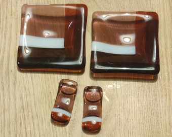Small Condiment Dishes, Chopstick Rests. Transparent Plum and Brown Right Angle White Stripe Glass Geometric Pattern Decadent Luxury Foodie