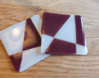 Purple and White Geometric Block Panel Pattern Coaster. Modernist Minimalist Style. Straight Sleek Lines, Opposite Pair. For One Coaster.
