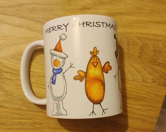 Cute Cartoon Christmas Friends Mug - Rudolph Reindeer, Santa, Snowmen, Robin, Merry, Yule, Advent, Season of Goodwill, Noel, Birth of Jesus