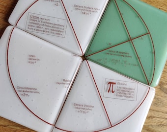 SET OF FOUR Printed Maths Coasters. Pi, Circle, Segment, Diameter, Diagram, Equations, Matching, Green, White, Radius, Angle, Shape, Round