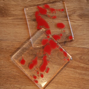 Single Red Blood Spatter Clear Glass Coaster. Handmade, Horror, Halloween, Murder, Bloodshed, Splatter, Gore, Gruesome, Spooky, Spooky, Fun