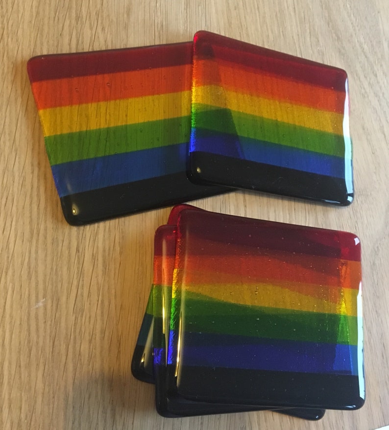 Gay Pride Rainbow Flag Handmade Glass Coaster. LGBTQ, lesbian, homosexual, NHS, queer, bright colours, drag, bisexual, stripes, riot, parade image 3