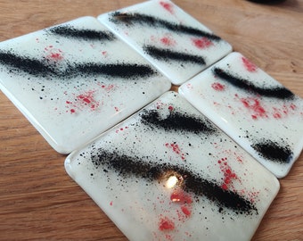 Cream Glass Coaster with Stripes of Powdered Black Glass and Splodges of Blood Red Enamel Powder, Kiln Fused Handmade in Nottinghamshire UK