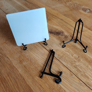 Coaster Sized Mini Display Stand, Fancy Black Metal, Frame, Folds Flat, Scroll Detail, Fancy Finish, Cute Little Small Tiny, Pride of Place Black