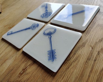 Individual Coaster - Old Fashioned Key Design. Delft Blue, Traditional Style, Haunted House, Vintage Antique Trinket, Cute Quirky Gift