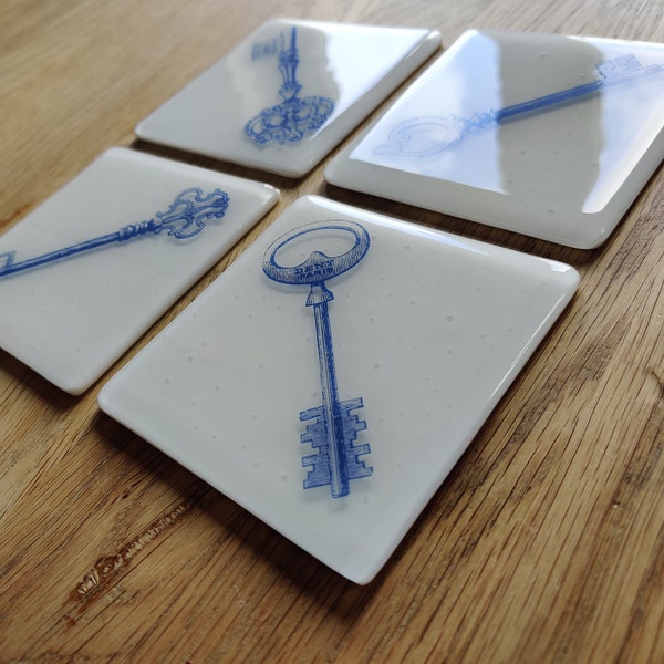 Individual Coaster - Old Fashioned Key Design. Delft Blue, Traditional Style, Haunted House, Vintage Antique Trinket, Cute Quirky Gift